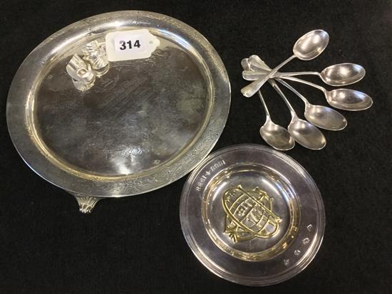 Engraved silver presentation salver, commemorative ashtray, 6 teaspoons & 2 silver rings